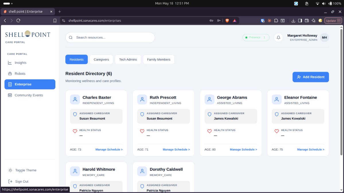 SONA enterprise dashboard — robot inventory view